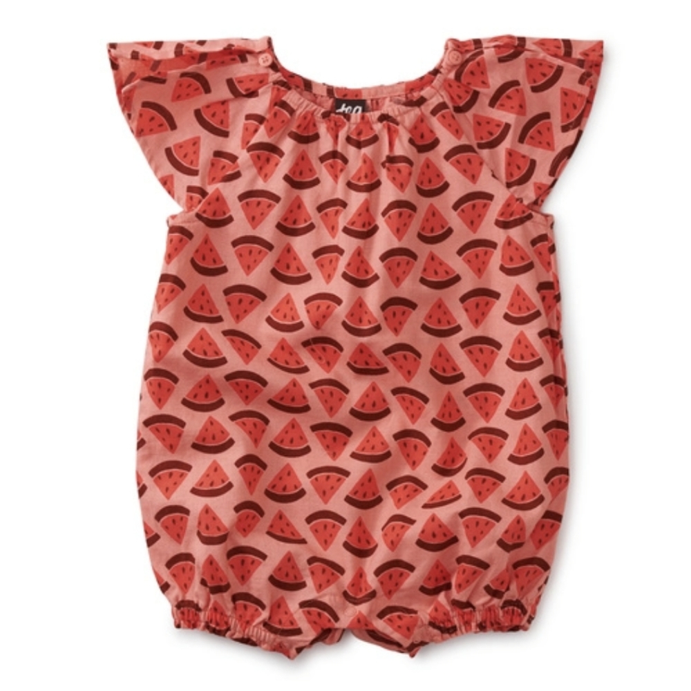 TWO Tea rompers - watermelon and elephants